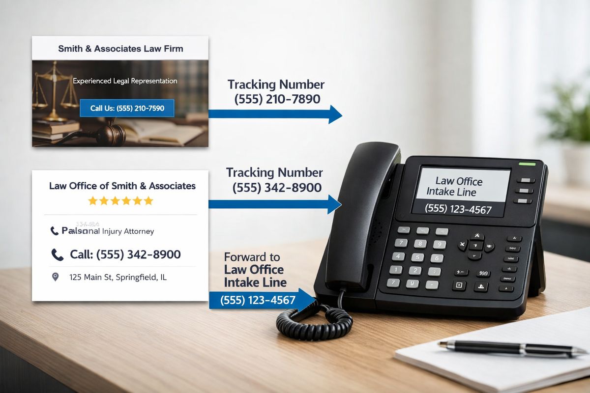 A call tracking setup with one number forwarding to a law office desk phone, alongside a simple website page and a separate local listing card, showing different numbers assigned to different sources and routed into the same intake line