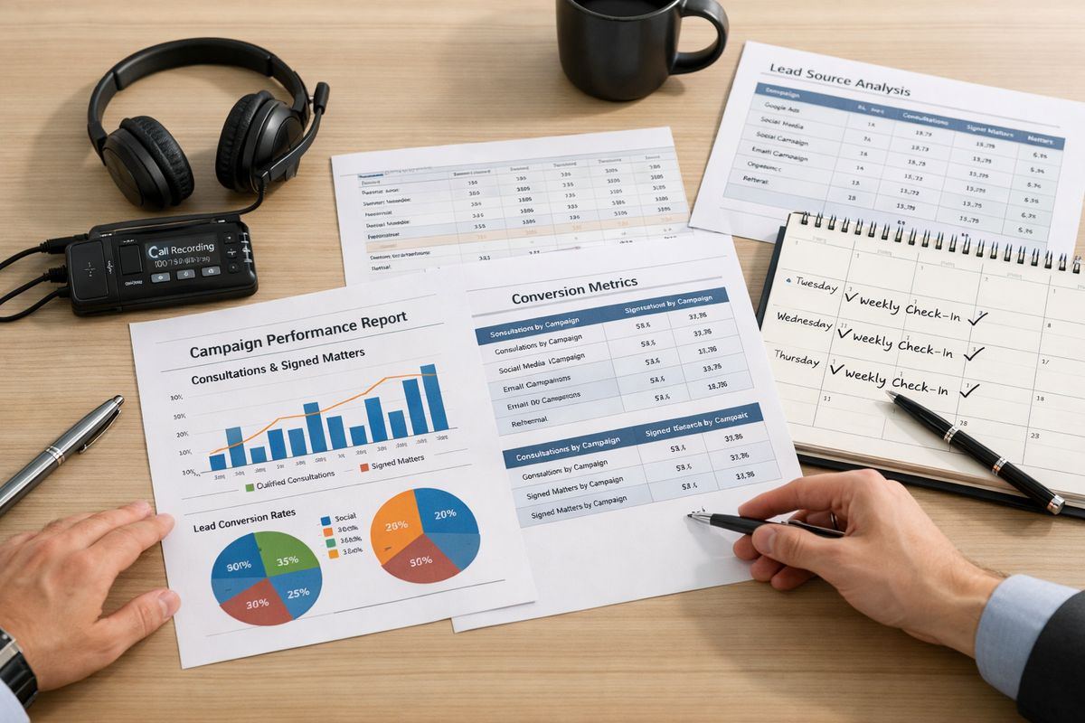 A printed marketing report spread across a conference table beside call recordings on a headset player, a spreadsheet of lead sources, and a calendar with weekly check-ins marked, showing a team reviewing which campaigns produced qualified consultations and signed matters