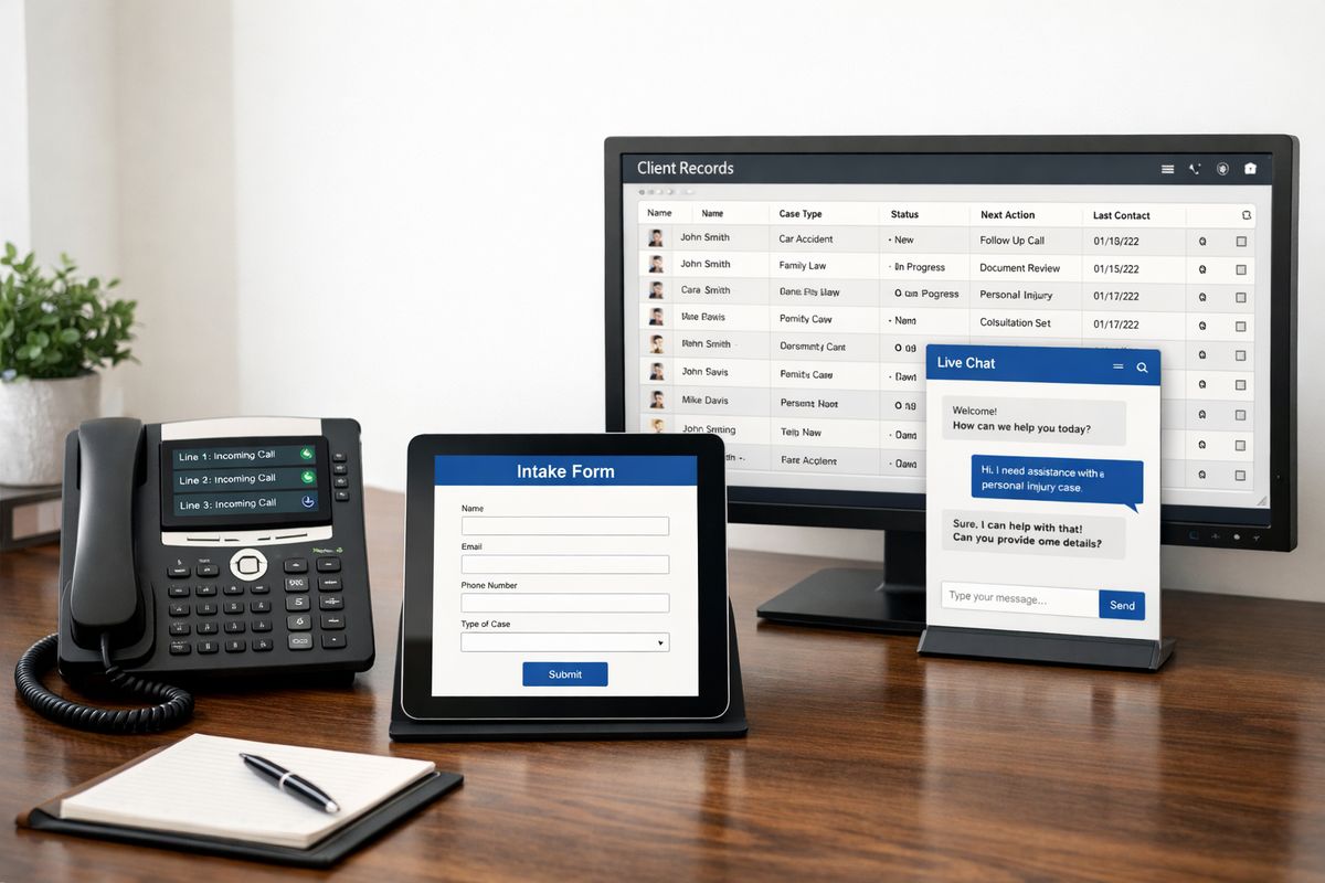 A set of legal intake tools arranged on a desk, including a phone with multiple incoming call lines, a form submission screen on a tablet, a chat widget on a monitor, and a CRM-style records view on a large display, representing different ways leads are captured and tracked
