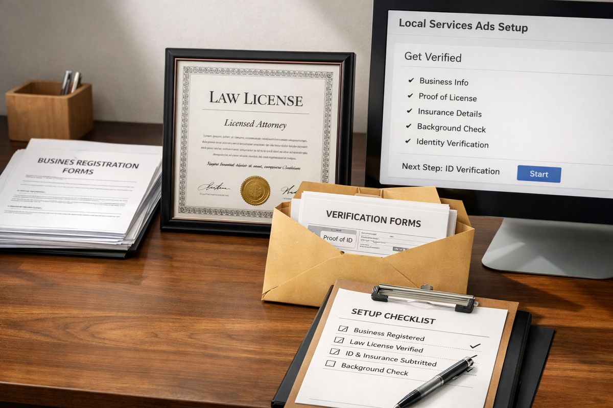 A close-up of a law firm onboarding workspace with a stack of business registration papers, a law license document, an open envelope of verification forms, and a partially filled setup checklist beside a computer displaying a local services ad setup page, showing the administrative steps of getting verified