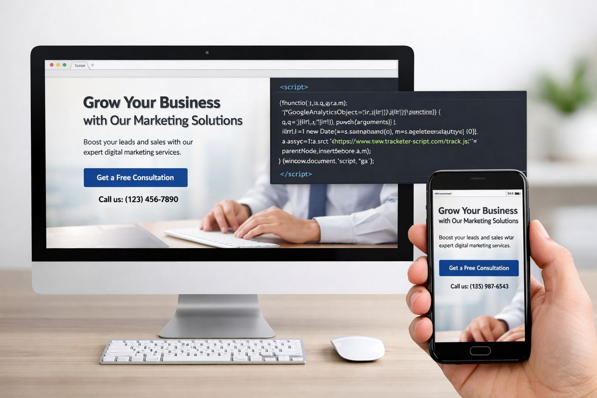 A website page shown on a desktop monitor with one phone number visible in the page content, while a small code panel beside it displays a separate tracking script, and a second view on a mobile screen shows the same page with a different displayed call number