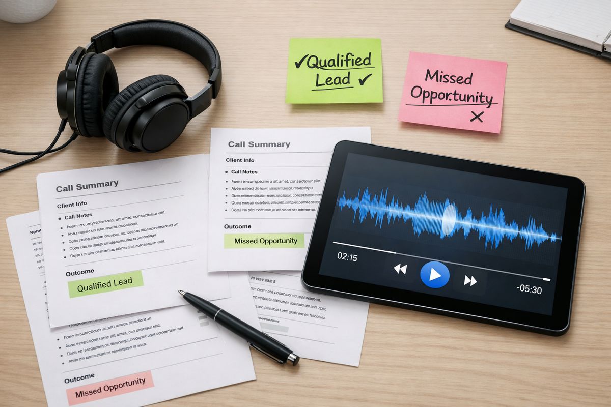 A desk covered with call review materials: several printed call summaries, a set of headphones, sticky notes with call outcomes, and a tablet showing waveform-style audio playback controls, illustrating someone reviewing which calls were qualified and which were missed opportunities.