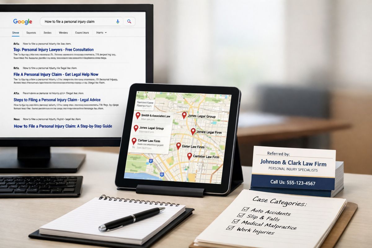 A split workspace scene showing a search results page for a legal query on one monitor, a local map with nearby law offices on a tablet, and a stack of referral business cards beside a notepad with case categories, illustrating different lead sources and how they arrive