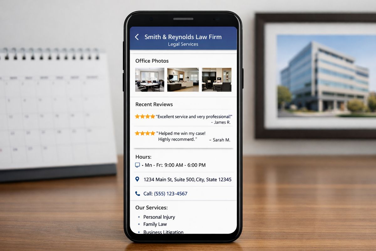 A law firm business profile on a mobile screen showing a clean office photo gallery, recent star-rated reviews, hours, address, phone number, and service details, with a desk calendar and a framed office exterior photo in the background