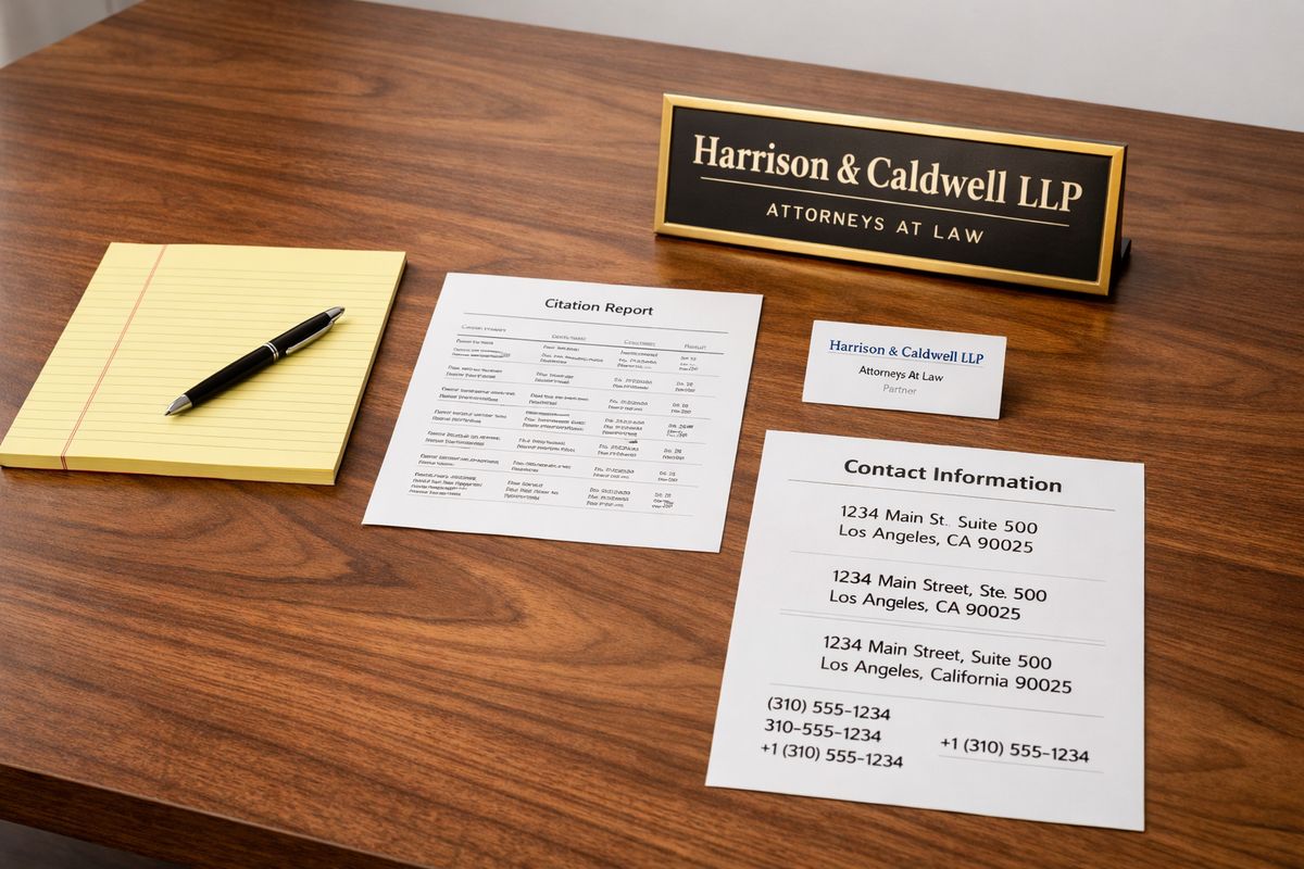 A walnut conference table covered with a legal pad, a printed citation report, a business card, a brass office plaque, and a sheet showing the same law firm address and phone number in different formats