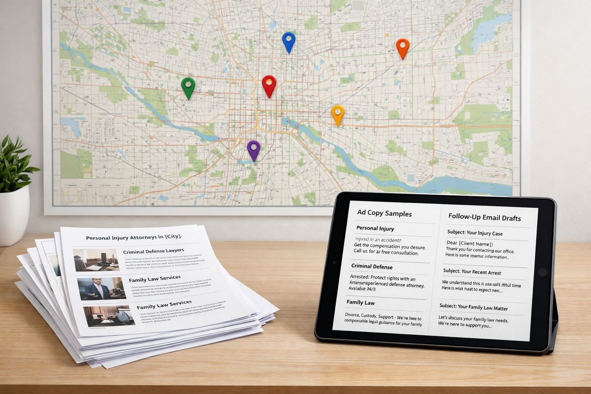 A large wall map of a city with several highlighted neighborhood pins, a stack of local practice-area landing page printouts, and a tablet displaying variations of ad copy and email follow-up drafts for different legal services