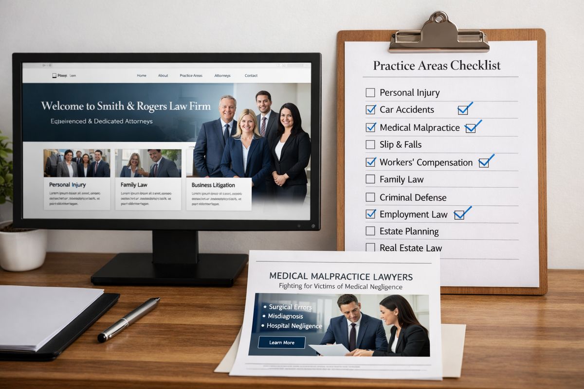 A law firm website page open on a desktop monitor beside a printed practice area checklist, with several specific case types marked on paper and a linked office page preview showing a clear focus on one legal specialty