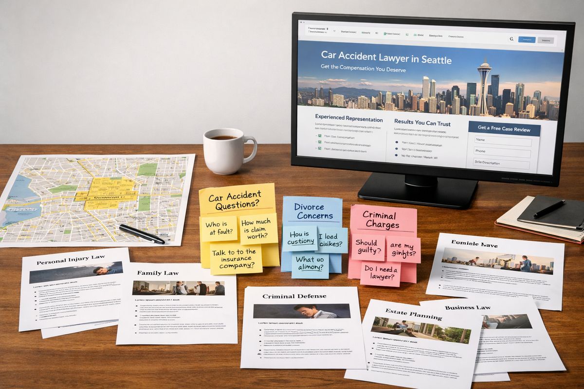 A web page planning workspace with multiple printed practice-area pages spread out on a table, sticky notes grouping common legal questions, a highlighted local map printout, and a monitor showing a page layout being revised for a specific city and case type.