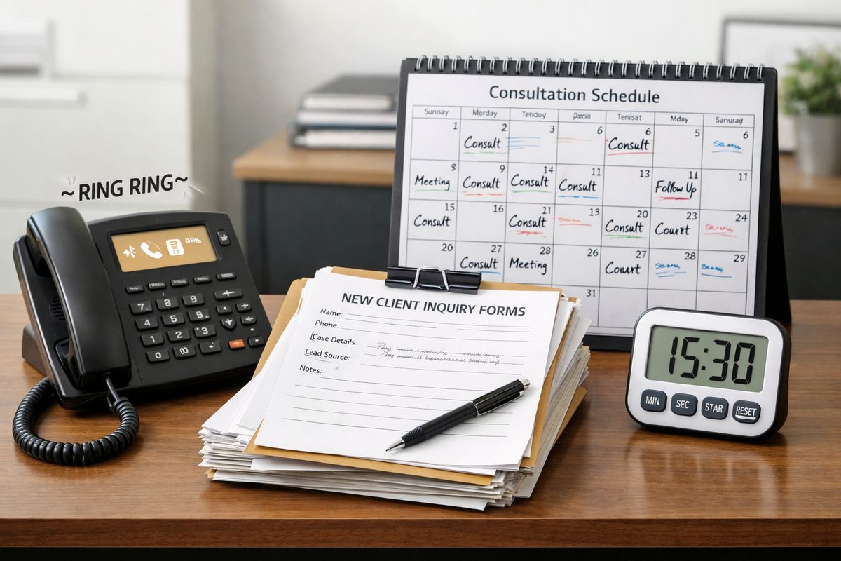 A busy law office intake workspace with a ringing desk phone, a stack of new inquiry sheets, a calendar filled with consultation slots, and a timer on the counter, showing how unqualified leads can interrupt urgent case handling and consume staff time.