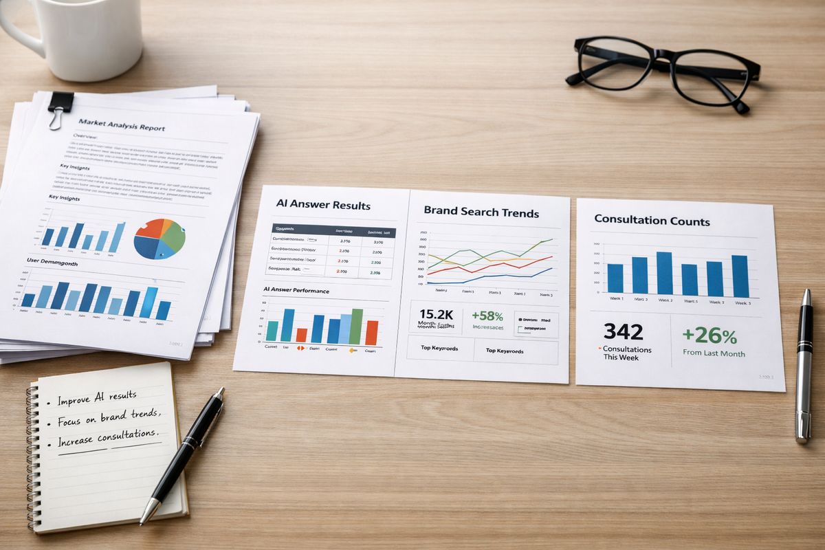 A neatly organized report packet on a desk with several clipped pages, a few handwritten notes, and a row of printed screenshots showing AI answer results, brand search trends, and consultation counts spread out for review
