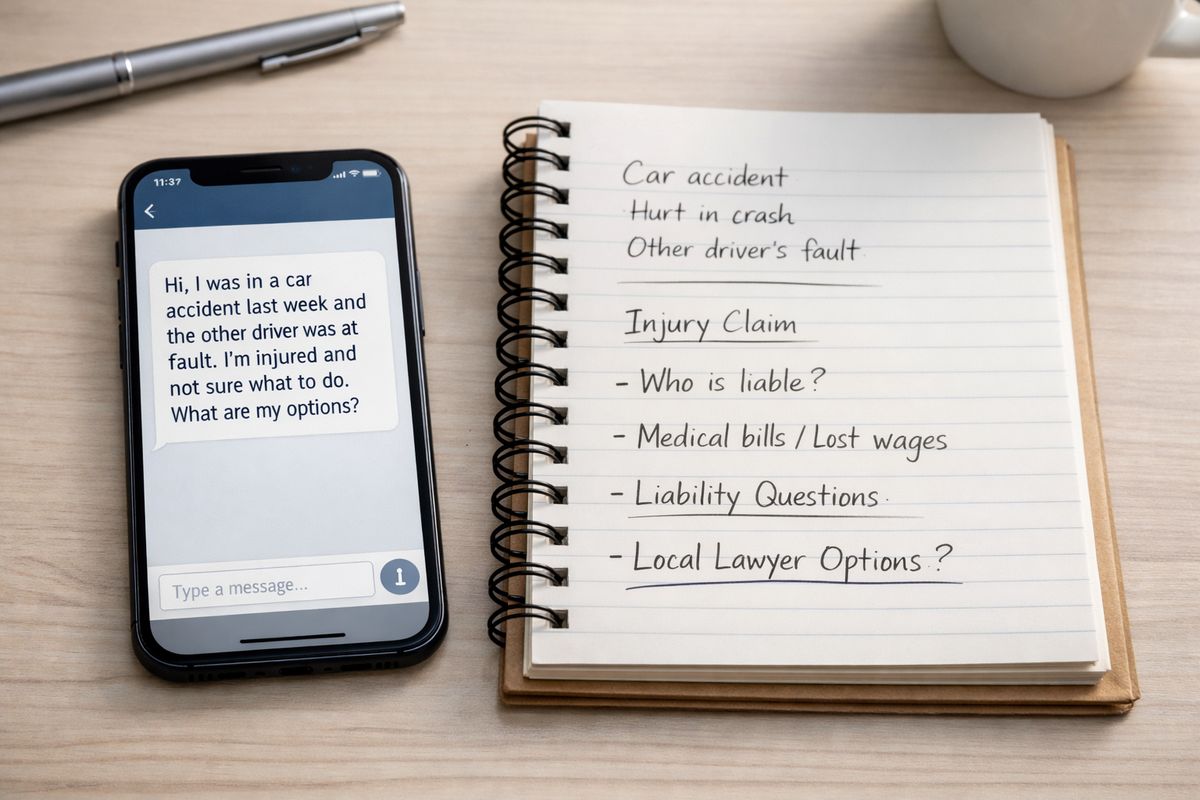 A smartphone showing a chat-style legal question about a car accident, with a nearby notebook containing rough notes that gradually become more specific terms like injury claim, liability, and local lawyer options, illustrating how a person refines a legal problem before contacting a firm
