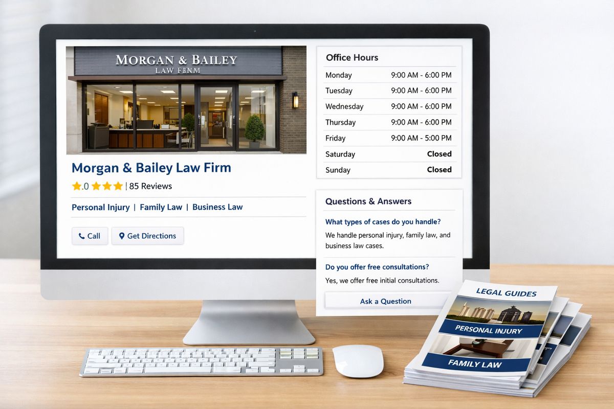 A business listing interface on a desktop screen showing a law firm profile with a storefront-style office photo, review stars, service categories, office hours, and a Q&A panel alongside a stack of printed legal brochures