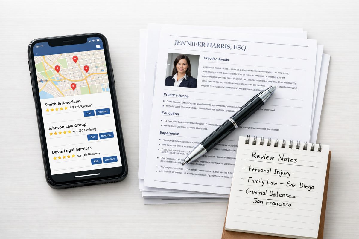 A smartphone displaying a map-based business listing with several star reviews beside a printed stack of legal directory profile pages, a pen resting on top, and a notepad with short review notes about case types and city locations