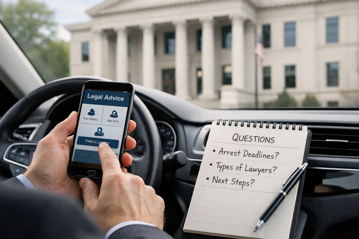 A person in a car parked outside a courthouse reviewing legal information on a smartphone, with a courthouse building visible through the windshield and a notepad listing questions about arrest deadlines, lawyer types, and next steps