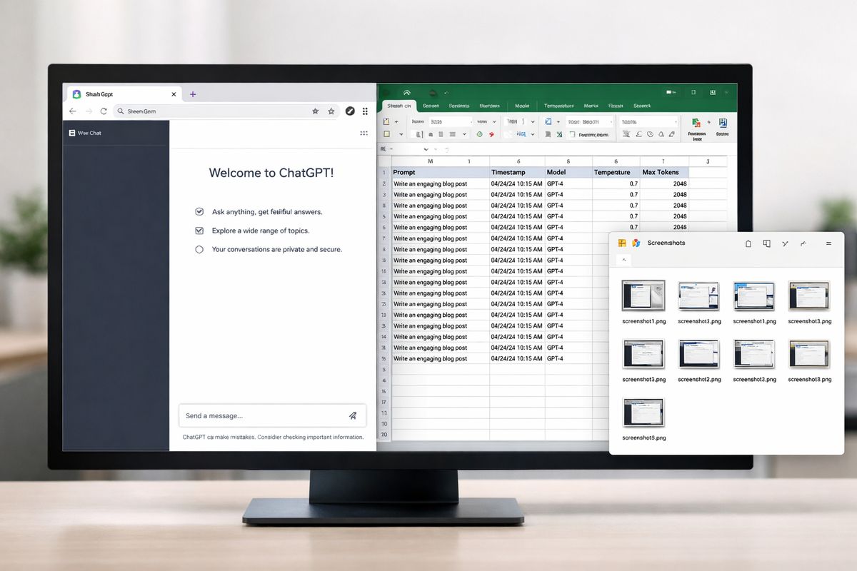 A browser window showing a fresh ChatGPT conversation beside a spreadsheet filled with repeated prompt entries, timestamps, and model settings, with several saved screenshots arranged in a folder nearby