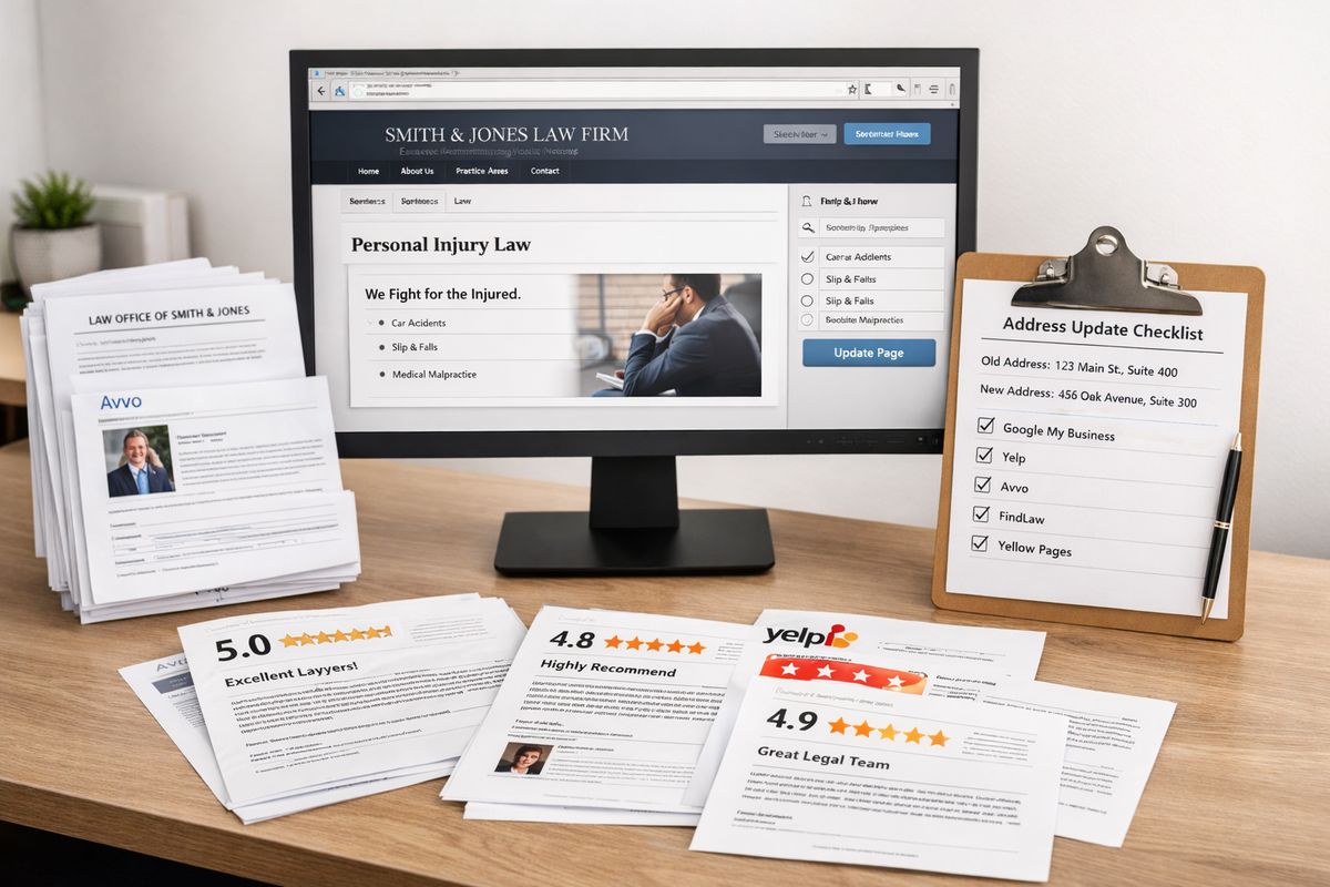 A computer screen showing a law firm website being edited beside a stack of directory profile printouts, a clipboard with address updates, and several review pages, illustrating the process of tightening practice pages and cleaning up online listings.
