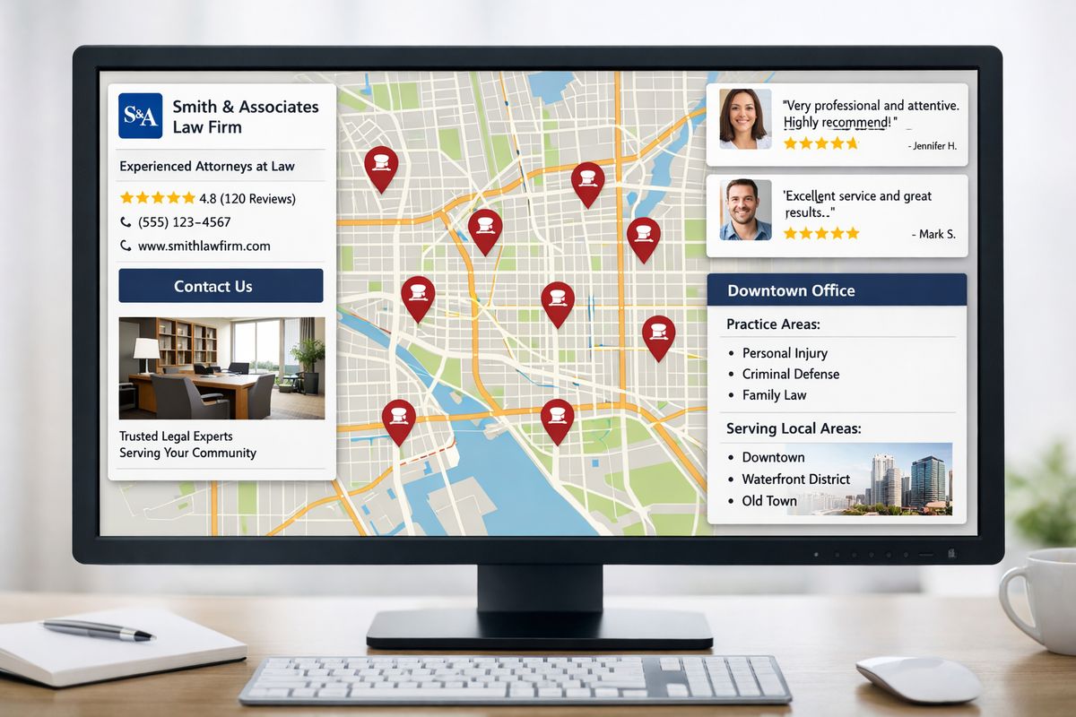 A city map on a screen with several law office pins, a business profile panel, star review cards, and a location page preview showing practice areas and local service details for different neighborhoods