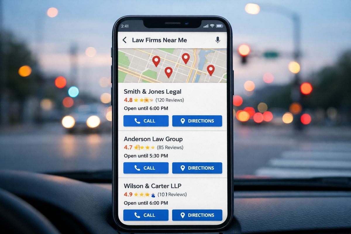 A mobile search results screen showing nearby law firm listings with map pins, star ratings, call buttons, office hours, and directions, viewed in a car parked near a busy intersection at dusk