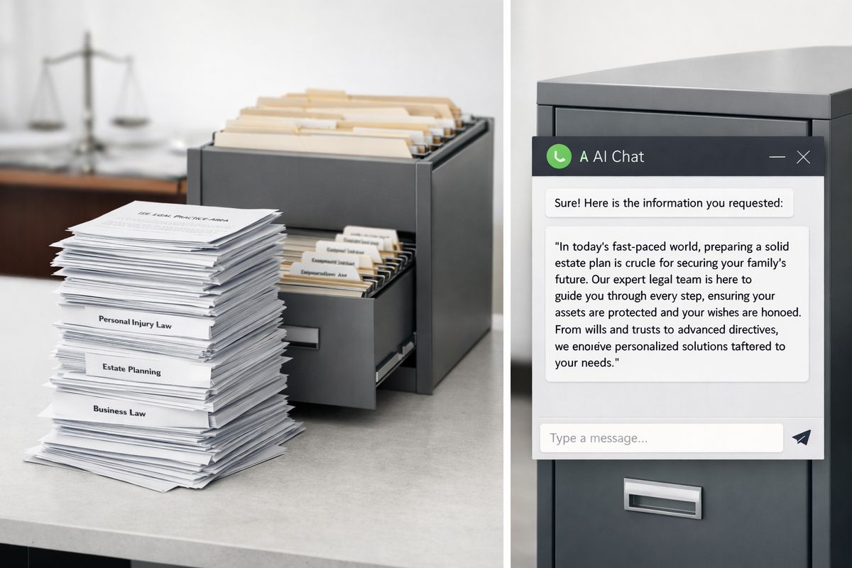 A stack of printed law firm practice-area pages gradually growing into a neat filing cabinet of indexed folders, with a separate AI chat window showing generated text that does not connect to any website or search results