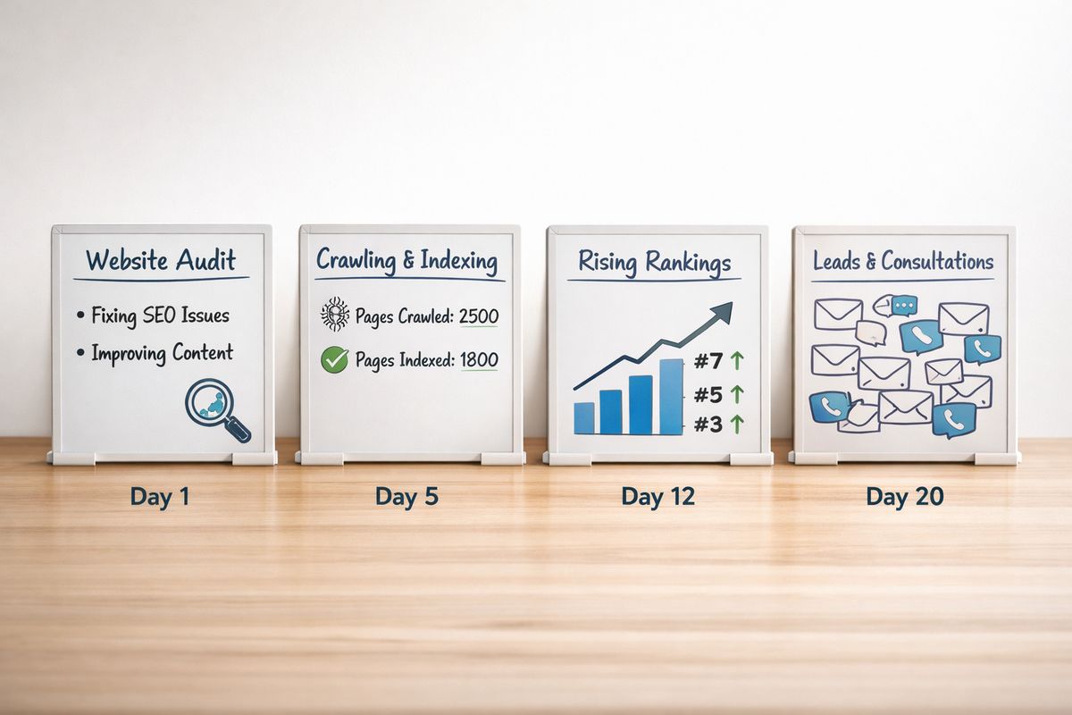 A sequence of four small time-marked progress boards arranged left to right, showing a website audit, pages being crawled and indexed, a few rising search positions, and then a thicker cluster of organic leads and consultations represented by envelopes and phone messages.