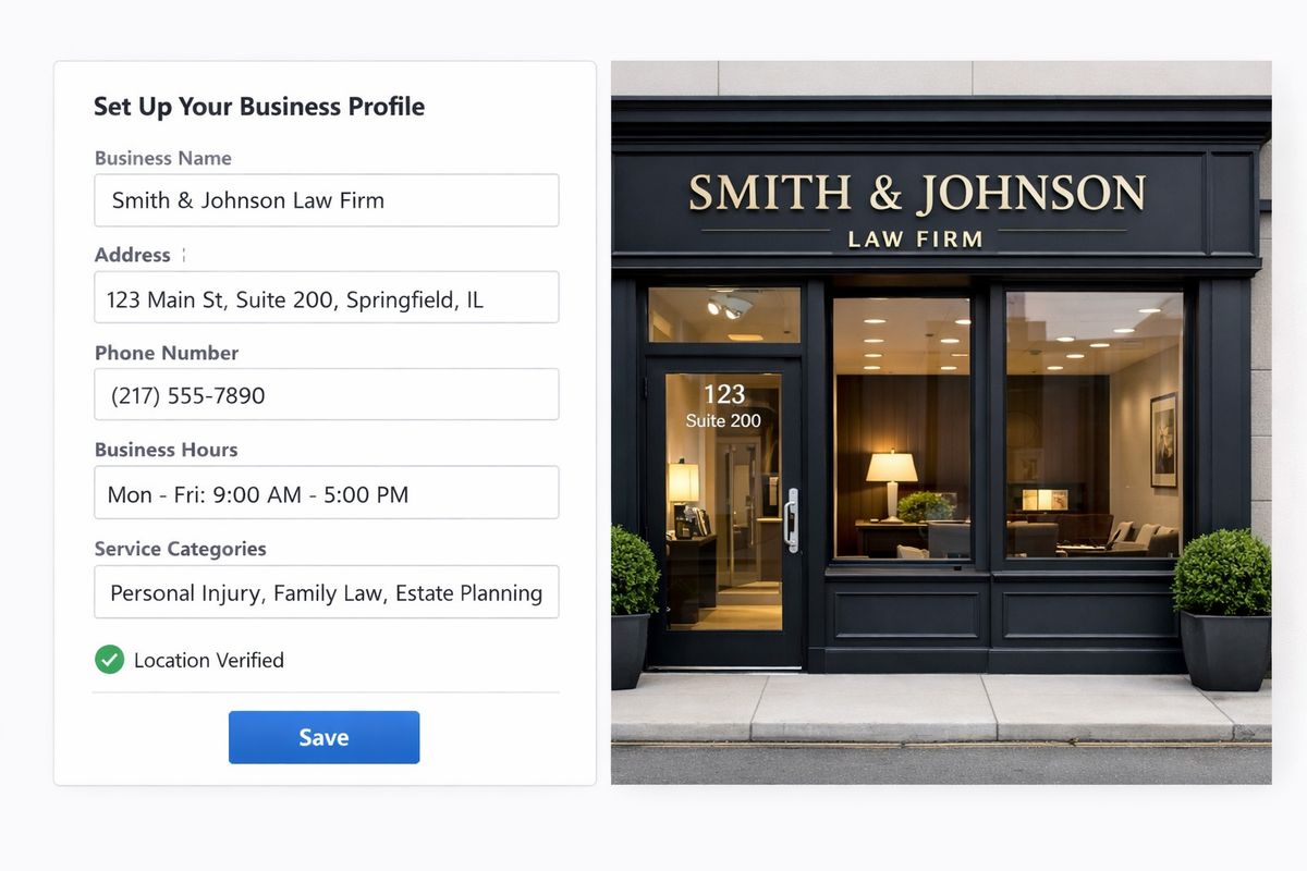 A business profile setup screen shown beside a storefront photo of a law office, with fields for business name, address, phone number, hours, service categories, and a verified location marker being completed