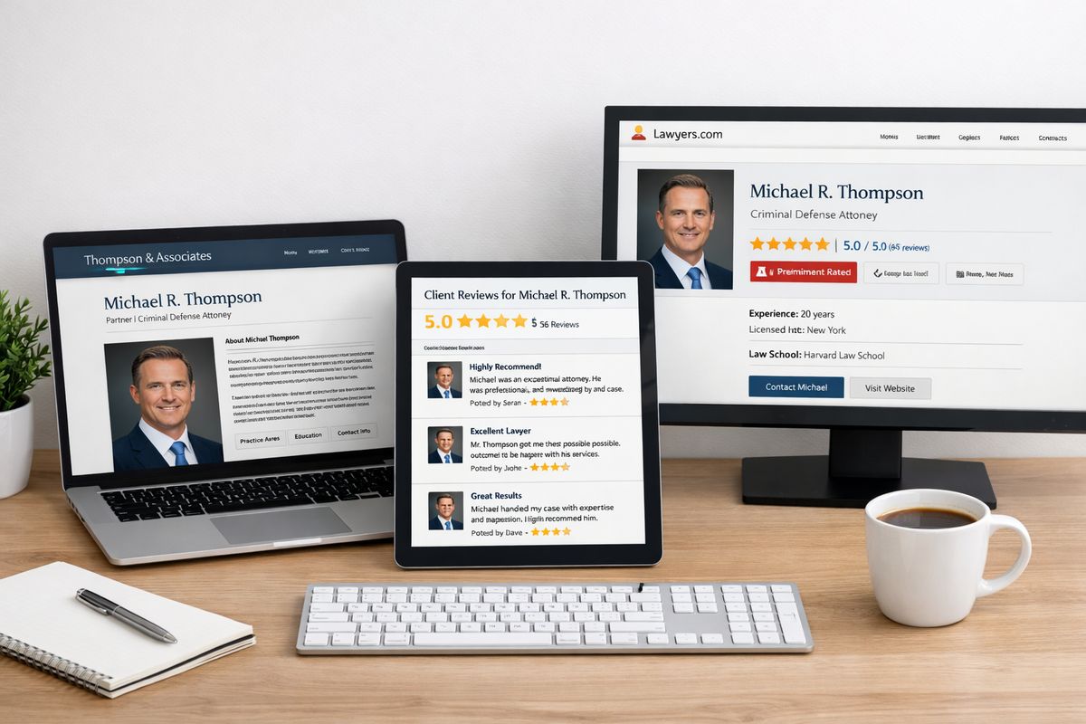 A desktop layout showing a law firm website open to an attorney bio, a review platform page with star ratings, and a legal directory profile, arranged together to illustrate credibility checks from multiple sources