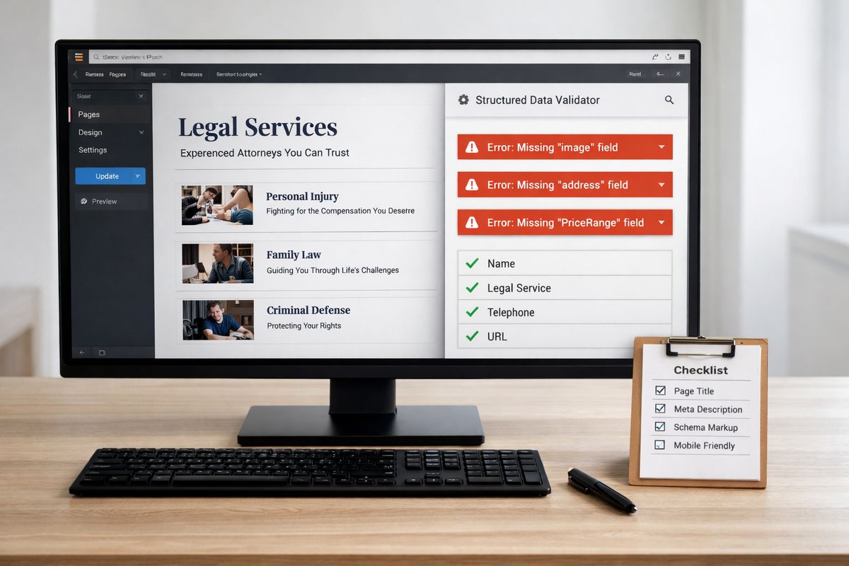 A web page editor on a monitor displaying a law firm service page while a browser validator window shows structured data fields being checked, with highlighted error messages and a small checklist sheet beside the keyboard