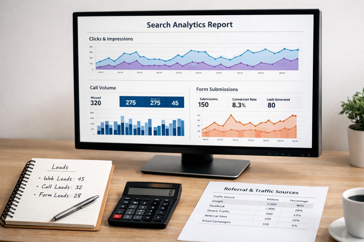 A desktop monitor showing a search analytics report with line graphs, call volume charts, and form submission trends next to a notebook with handwritten lead counts, a calculator, and a printed sheet of referral and traffic sources