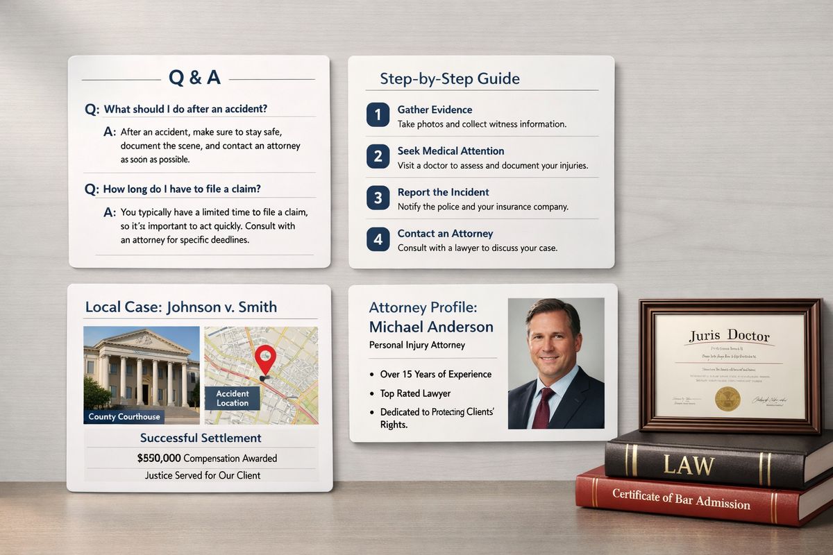 A neatly arranged set of content cards laid out on a desk: one card formatted as questions and answers, one as a step-by-step guide, one as a local case page with a courthouse and map pinned nearby, and one as an attorney profile page with a diploma, law book, and bar admission certificate beside it.