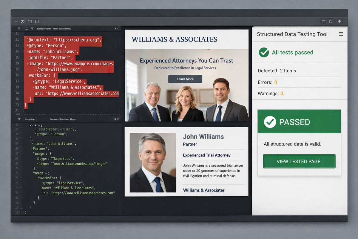 A website code editor with structured data snippets highlighted beside a live preview of a law firm homepage and attorney bio page, with a validation result panel showing a clean pass after the markup is tested