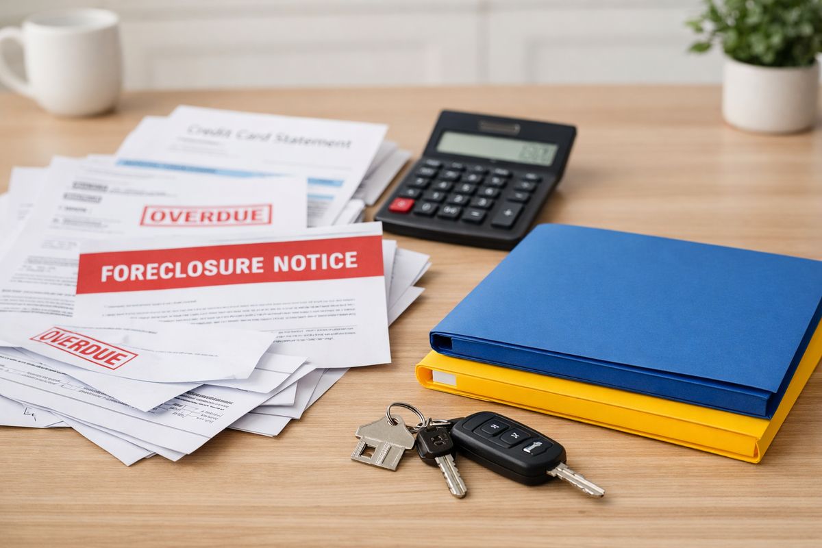 A kitchen table covered with overdue bills, a foreclosure notice, a calculator, a pile of credit card statements, and two neatly stacked folders labeled by color only, with a house key and car key placed in front of them