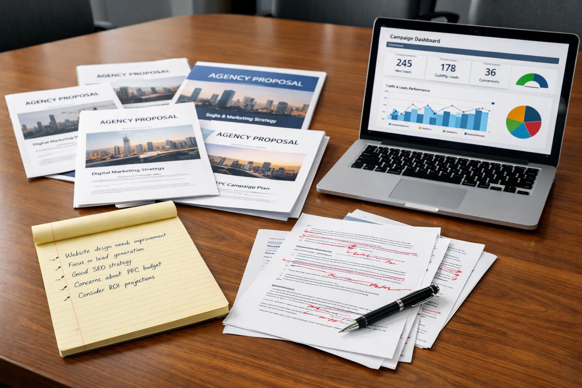 A law firm evaluation scene with several printed agency proposal packets spread across a conference table, a legal pad filled with handwritten review notes, a pen resting beside marked-up pages, and a laptop open to a dashboard of campaign results and lead reports