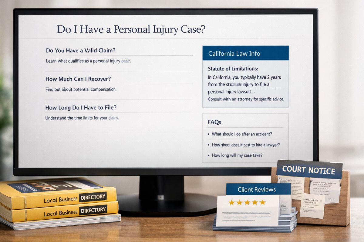 A close view of a law firm webpage layout on a large monitor, showing a clear question at the top, short answer sections underneath, a jurisdiction-specific info box, a small FAQ block, and a side-by-side pile of printed directory listings, review cards, and courthouse notices to represent off-site trust signals.