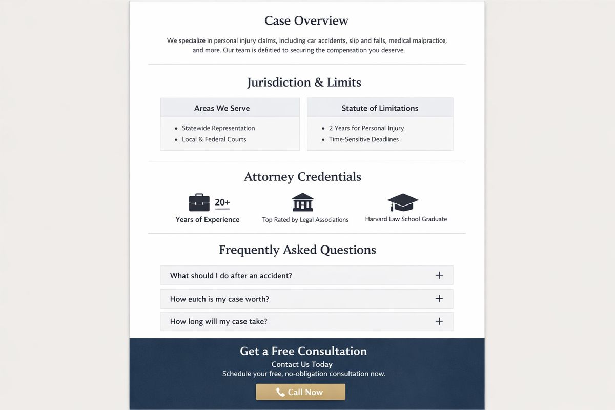A clean website page layout mockup for a law firm service page, showing sections for a case description, jurisdiction limits, attorney credentials, frequently asked questions, and a prominent consultation contact area arranged in a structured vertical flow
