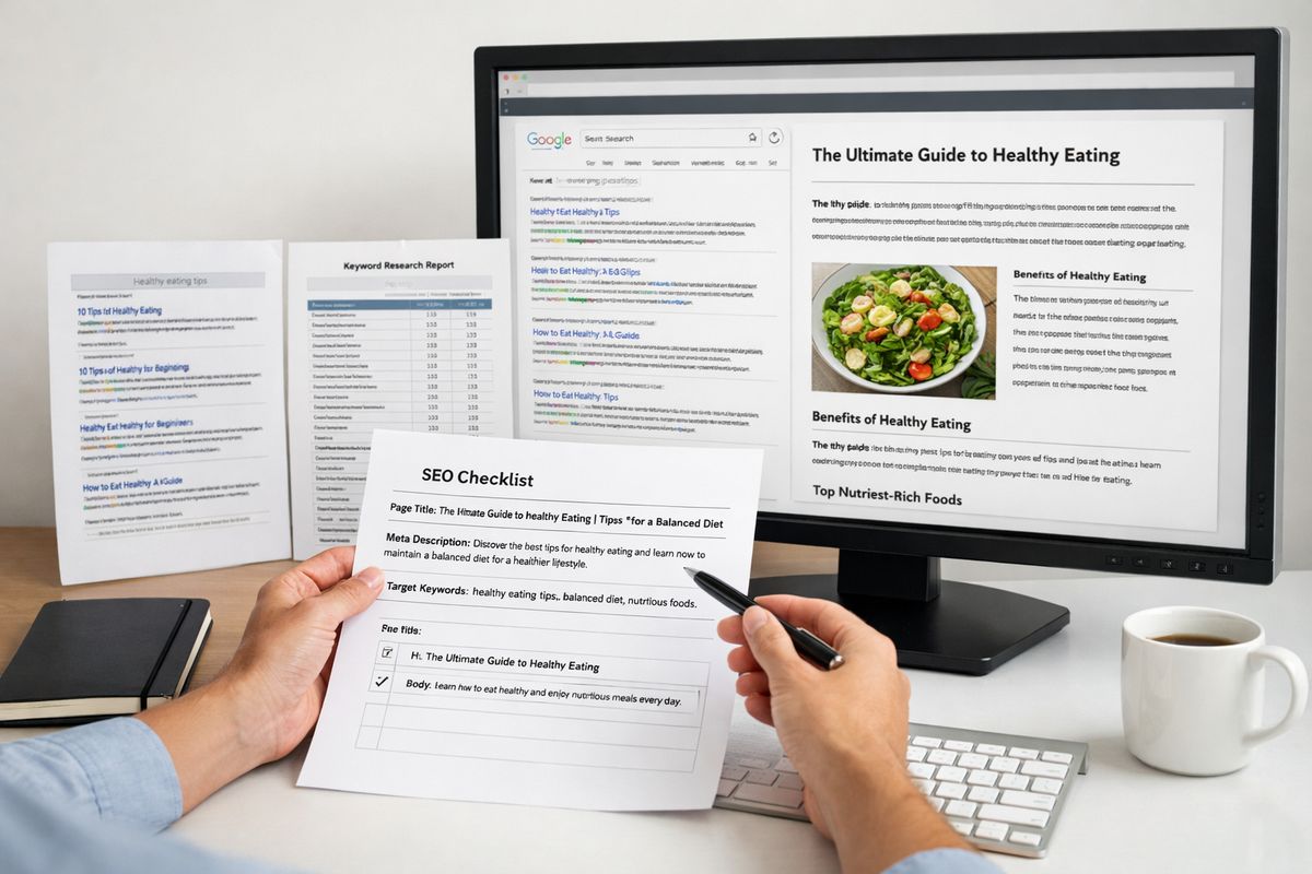 A web page draft laid out next to a search results page and keyword research printouts, with headings, title snippets, and metadata fields being compared against the body copy on a large monitor