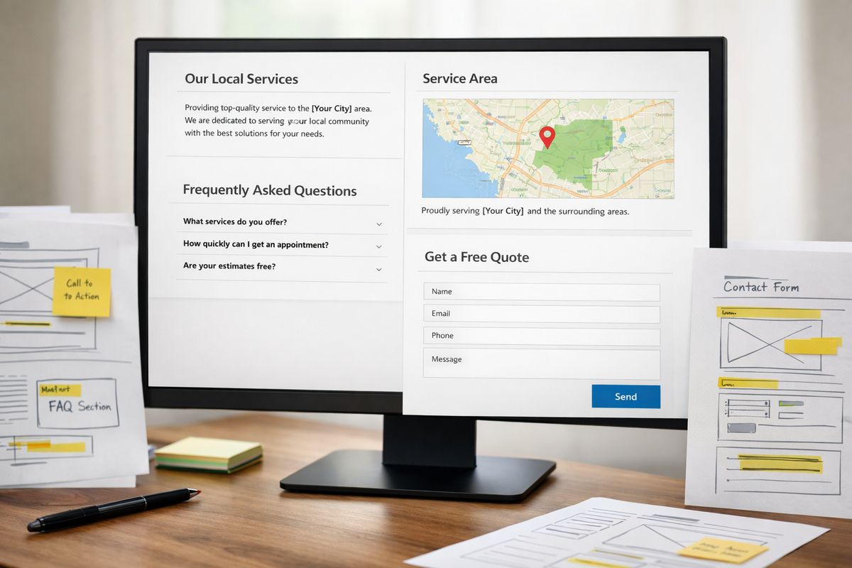 A close-up of a website page layout on a monitor with sections for localized service copy, a small embedded map, a short FAQ area, and a simple contact form, surrounded by printed notes and highlighted page wireframes arranged on a desk