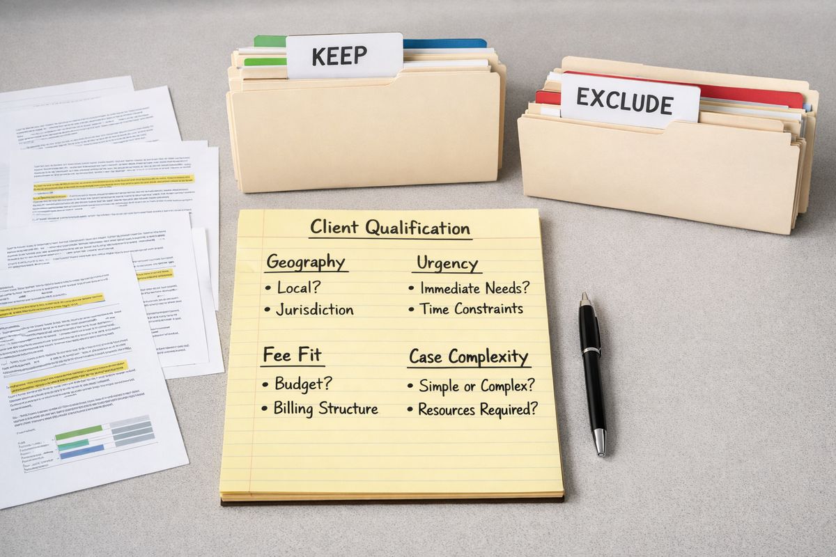 A desk covered with printed matter summaries, a legal pad with grouped notes about geography, urgency, fee fit, and case complexity, plus a set of file folders sorted into keep and exclude piles to show client qualification.