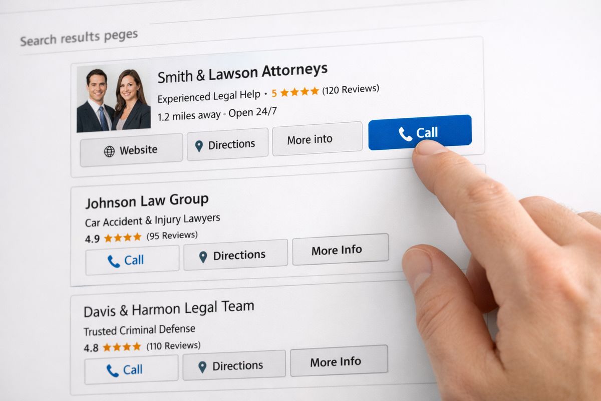 A close-up of a search results page for urgent legal queries, with multiple local attorney ad cards appearing for nearby searches and a hand hovering near the call button on the top result