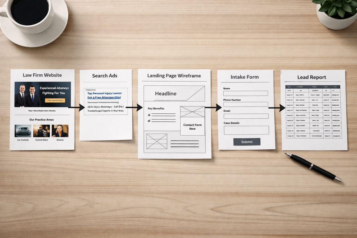 A law firm marketing workflow arranged on a table with connected items: a website homepage mockup, a search ad preview sheet, a landing page wireframe, an intake form, and a printed lead report linked together with arrows showing how one system feeds the next