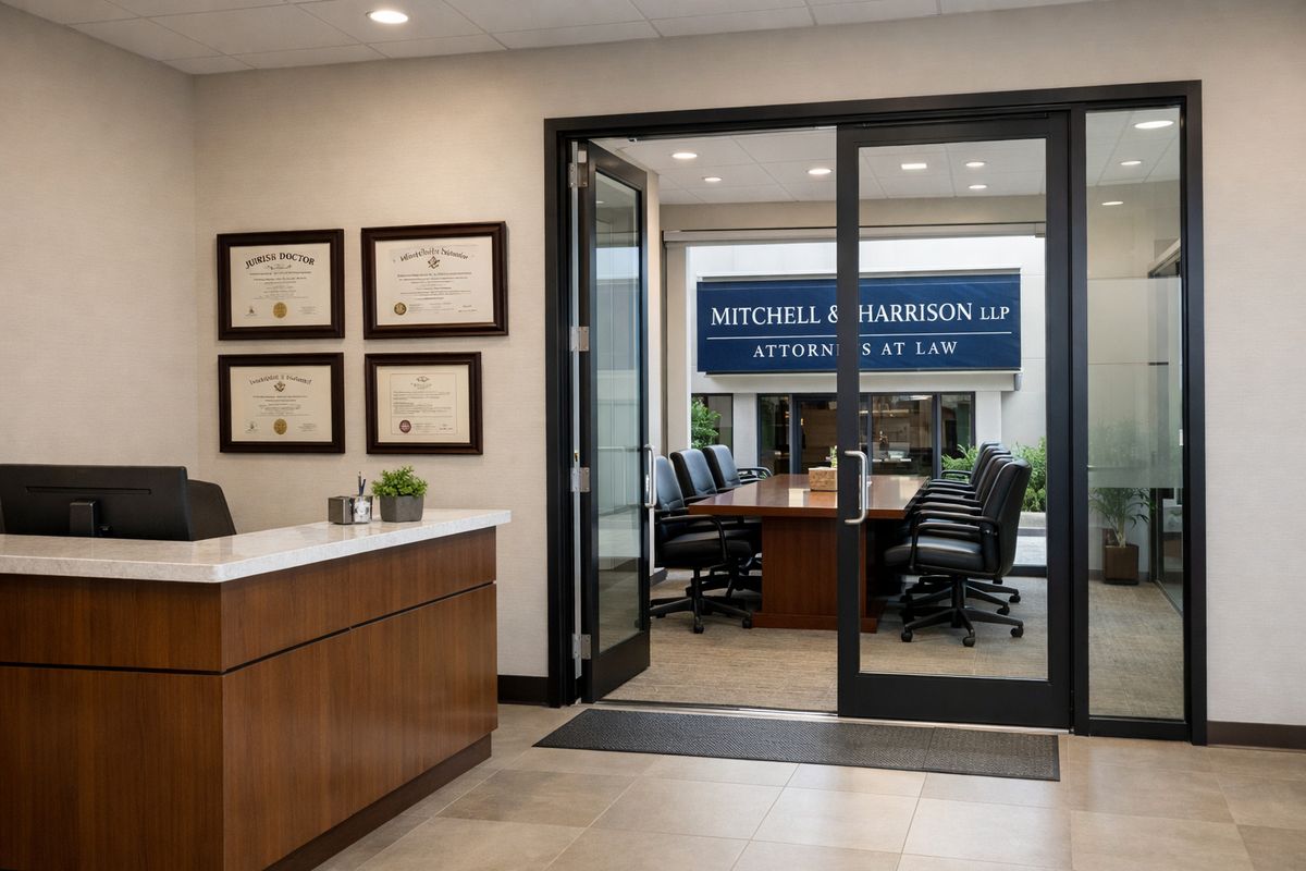 A polished law office reception area with framed legal diplomas on the wall, a branded exterior sign visible through glass doors, a conference room with neatly arranged chairs, and a clear accessible entrance from the sidewalk