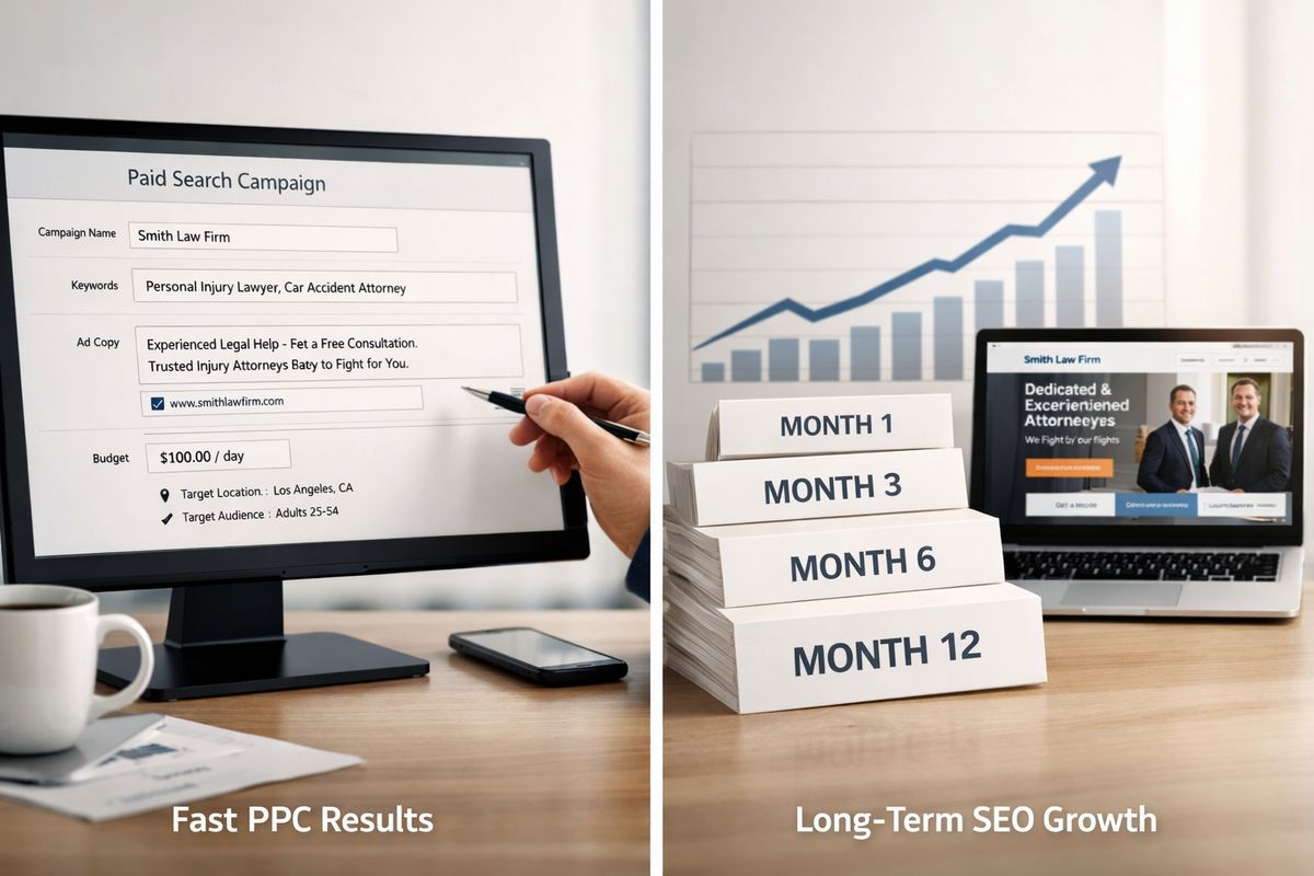 A side-by-side visual of a fast-loading paid search campaign setup screen next to a long-term growth plan with stacked calendar pages, a rising line graph, and a newly improved law firm website mockup, illustrating quick PPC results versus slower SEO progress over time