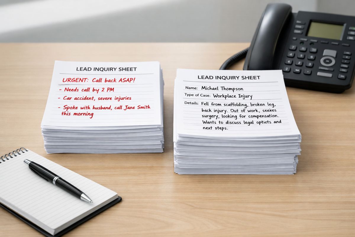 Two side-by-side stacks of printed lead inquiry sheets on a desk, one stack with a few urgent contact notes and short callback details, the other with more detailed intake forms and longer case descriptions, alongside a notepad with a pen and a desk phone