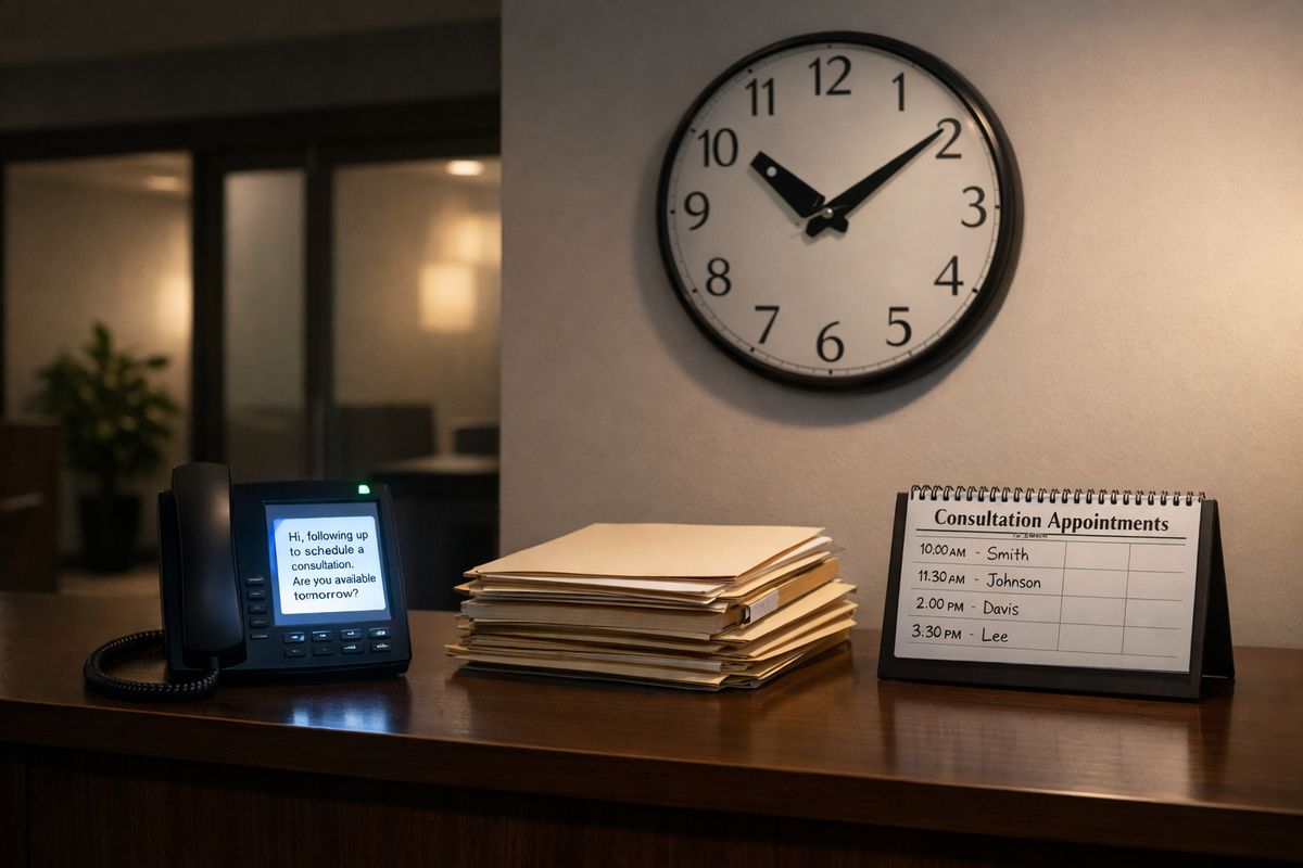 An after-hours law office reception area with an unanswered desk phone, a glowing phone screen receiving a text follow-up, and a wall clock showing late evening, while a stack of intake folders and a waiting consultation calendar suggest missed calls being converted into scheduled appointments.