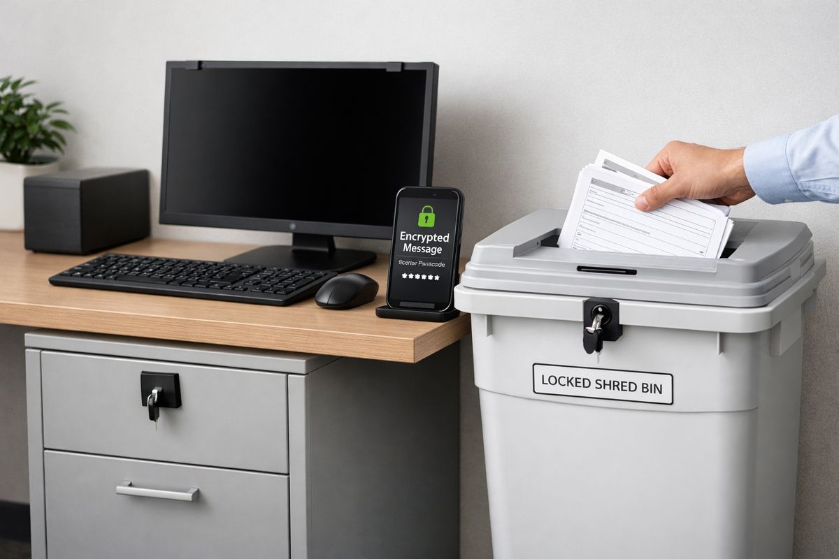 A secure intake workspace with a locked file cabinet, a privacy screen over a computer, an encrypted message on a phone, and paper forms being placed into a locked shred bin