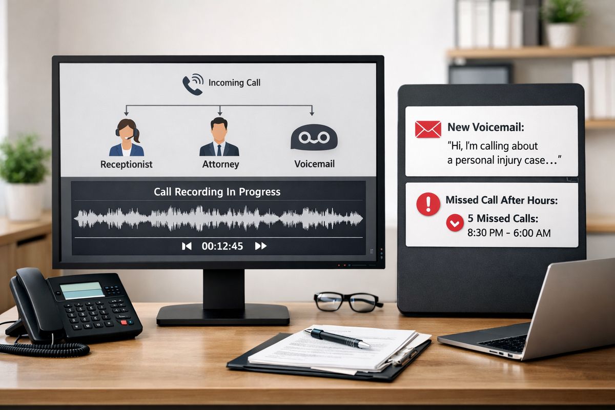 A legal intake workflow scene with a call routing system sending incoming calls to different destinations, a call recording waveform on a screen, a voicemail notification, and an after-hours missed-call alert on a notification panel, all centered around managing incoming client calls