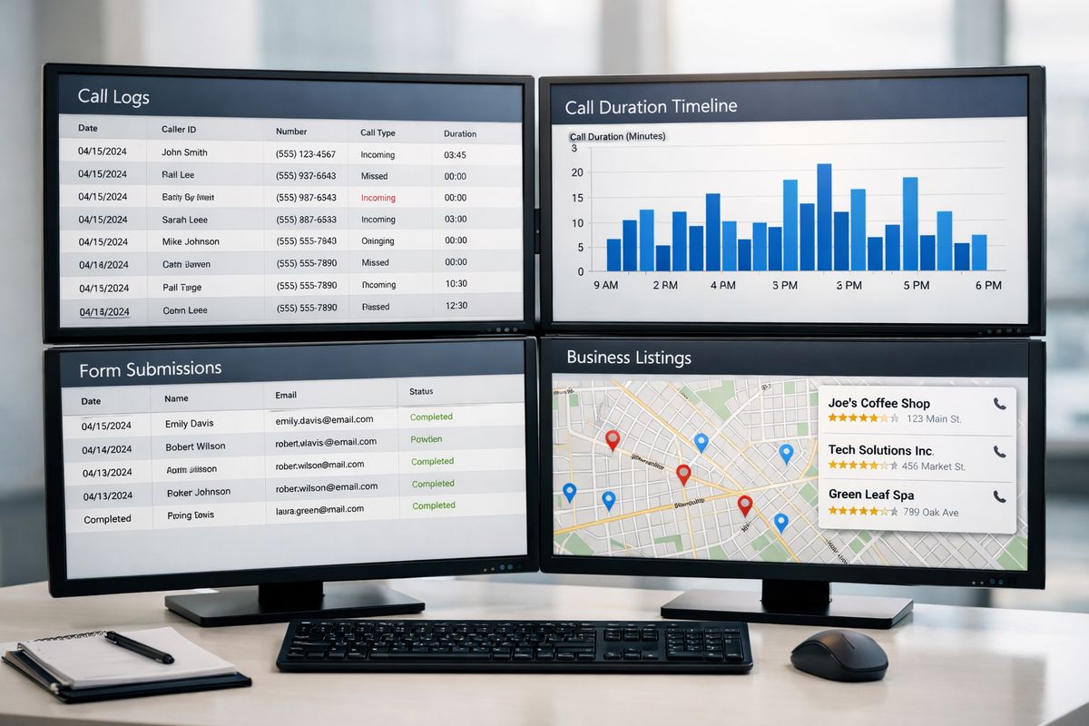 A multi-screen analytics workspace showing separate call logs, a call duration timeline, a form submission list, and a map-style business listing preview, with each source organized into distinct panels for comparison