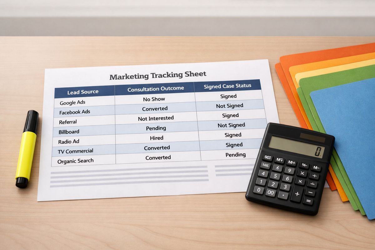 A printed tracking sheet spread across a desk with columns for lead source, consultation outcome, and signed case status, next to a highlighter, a calculator, and several colored file folders arranged to compare one marketing channel against another