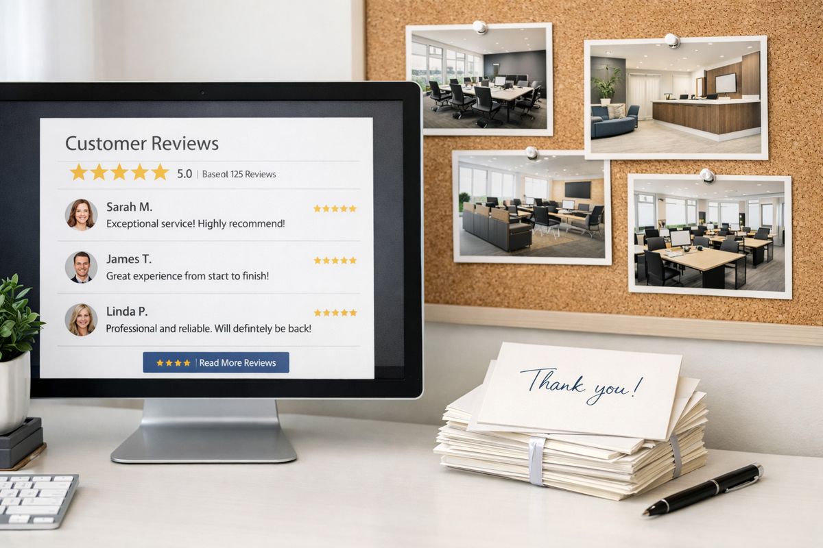 A storefront-style computer screen displaying a business review panel alongside a stack of handwritten client thank-you notes, with fresh office photos printed out and pinned on a corkboard behind it