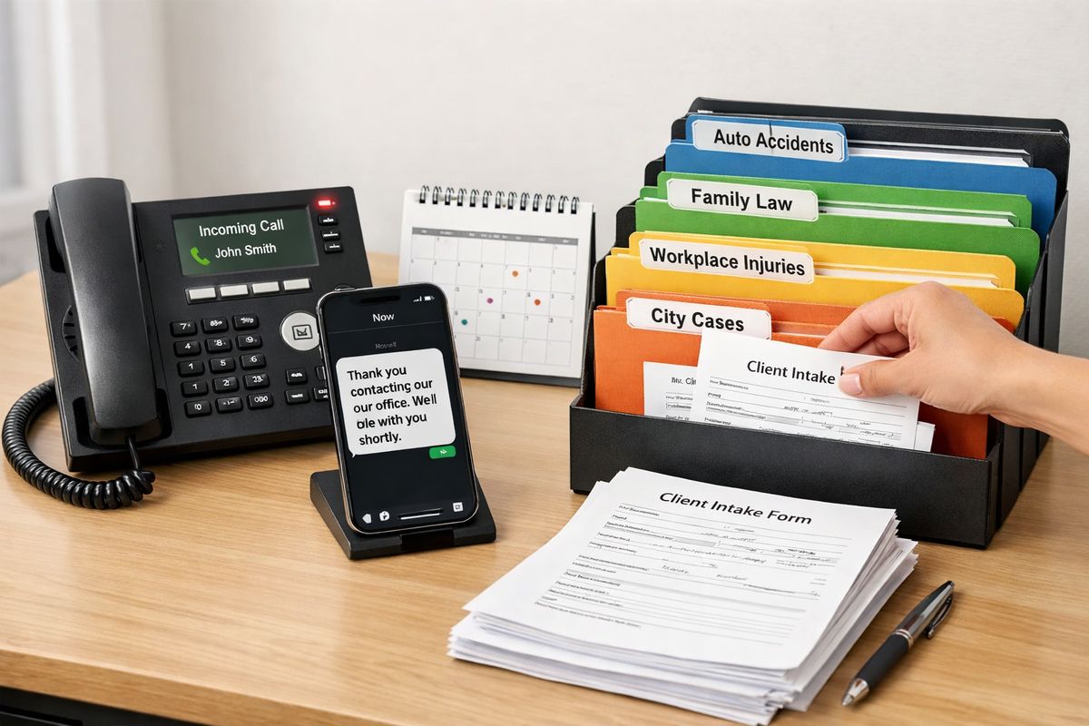 A call-routing and intake setup in action: a ringing office phone, an incoming text acknowledgment on a smartphone, a small scheduling calendar, and a stack of inquiry forms being sorted into separate folders for different case types and locations.