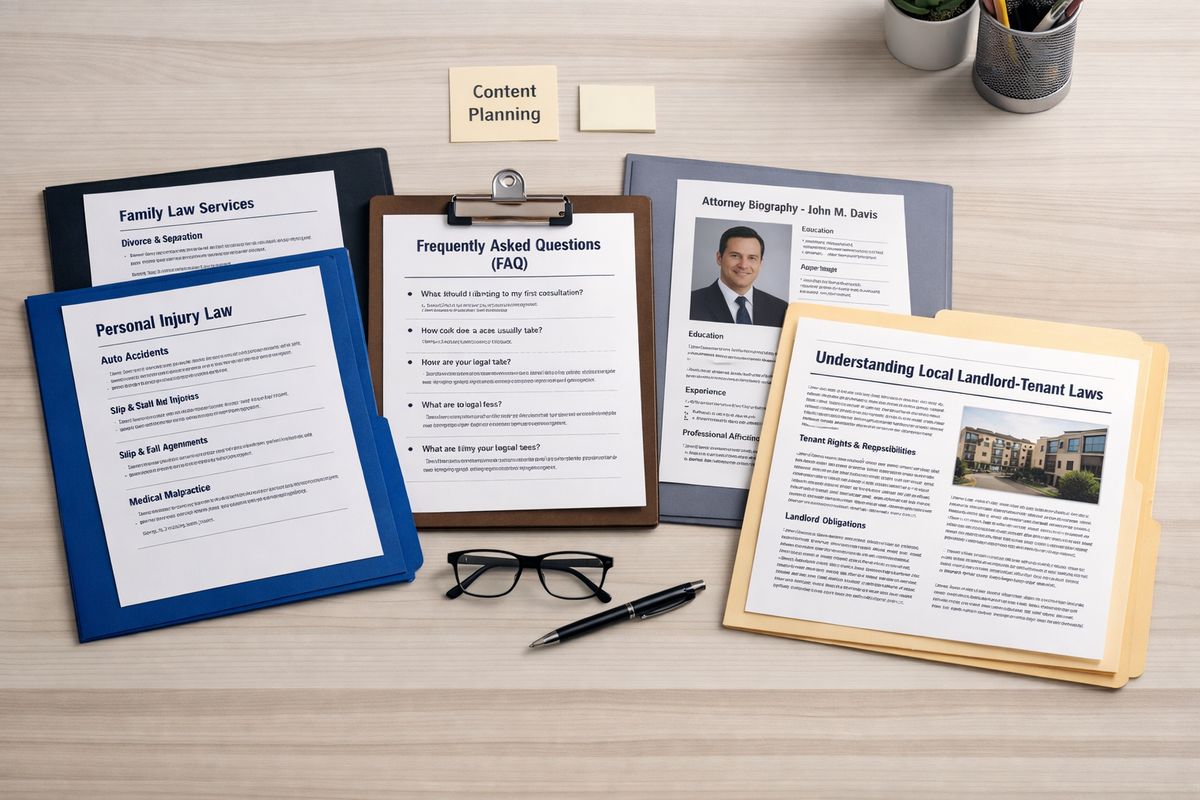 A neatly organized law firm content planning table with printed practice-area pages, FAQ sheets, attorney biography drafts, and a local legal explainer article spread out in folders, emphasizing the different page types that help AI systems understand and surface the firm